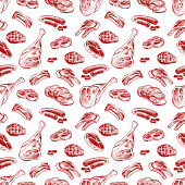 Hand drawn meat, steak, beef and pork, lamb grill sausage seamless pattern