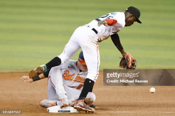 Jazz Chisholm Jr. #2 of the Miami Marlins and Ryan Mountcastle of the Baltimore Orioles collide as Mountcastle steals second base during the fourth...