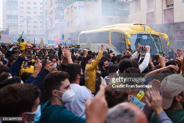 Fans gather outside the stadium to protest against the European Super League prior to the La Liga Santander match between Cadiz CF and Real Madrid at...