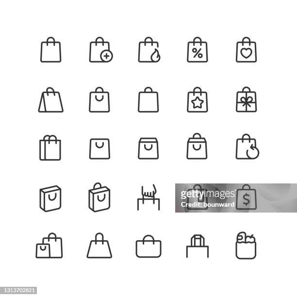 ilustraciones, imágenes clip art, dibujos animados e iconos de stock de iconos de la línea de la bolsa de compras trazo editable - shopper bag