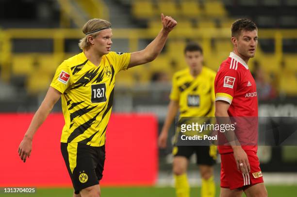Erling Haaland of Borussia Dortmund reacts during the Bundesliga match between Borussia Dortmund and 1. FC Union Berlin at Signal Iduna Park on April...