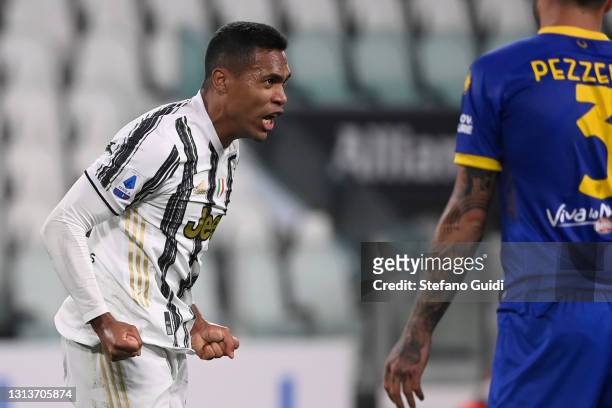 Alex Sandro of Juventus FC celebrates a goal during the Serie A match between Juventus and Parma Calcio at Allianz Stadium on April 21, 2021 in...