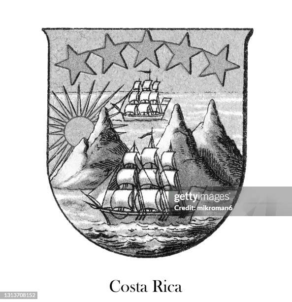 old engraved illustration of coat of arms of costa rica - crest logo stock pictures, royalty-free photos & images