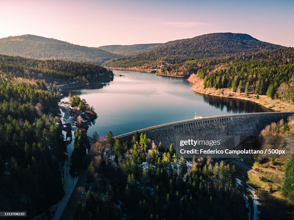 High angle view of river amidst mountains against sky,Foresta Nera,Germany