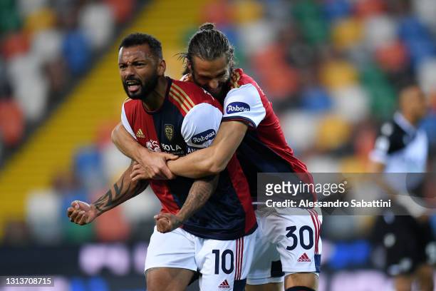Joao Pedro of Cagliari Calcio celebrates after scoring their sides first goal from the penalty spot during the Serie A match between Udinese Calcio...