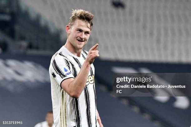 Matthijs de Ligt of Juventus celebrates after scoring his team's third goal during the Serie A match between Juventus and Parma Calcio at Allianz...