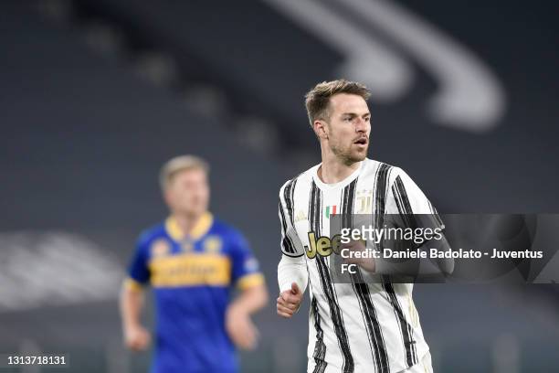 Aaron Ramsey of Juventus in action during the Serie A match between Juventus and Parma Calcio at Allianz Stadium on April 21, 2021 in Turin, Italy....