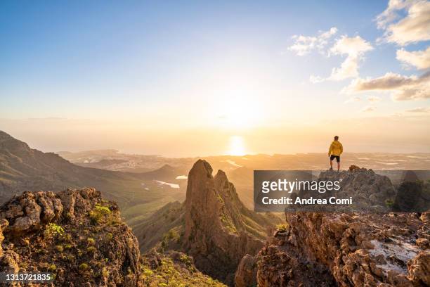 man admiring sunset on top of a mountain. adele, tenerife, canary islands - standing on mountain peak stock pictures, royalty-free photos & images