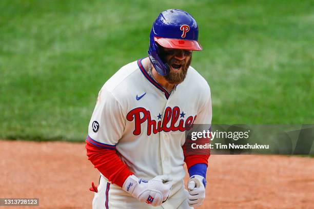 Bryce Harper of the Philadelphia Phillies celebrates a home run during the seventh inning against the San Francisco Giants at Citizens Bank Park on...