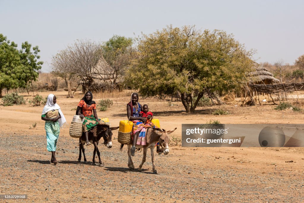 Women riding on donkeys to the town of Bitkine, Chad