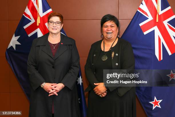 Australian Foreign Minister Marise Payne and Minister of Foreign Affairs Nanaia Mahuta pose during a consultation meeting at Parliament on April 22,...