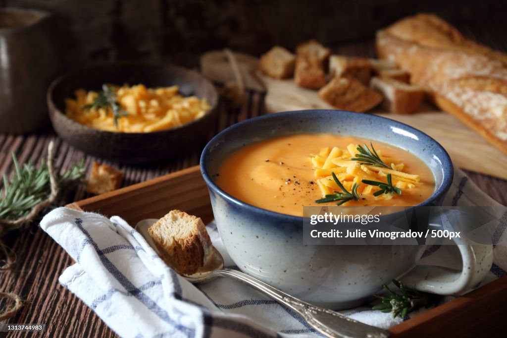 High angle view of soup in bowl on table