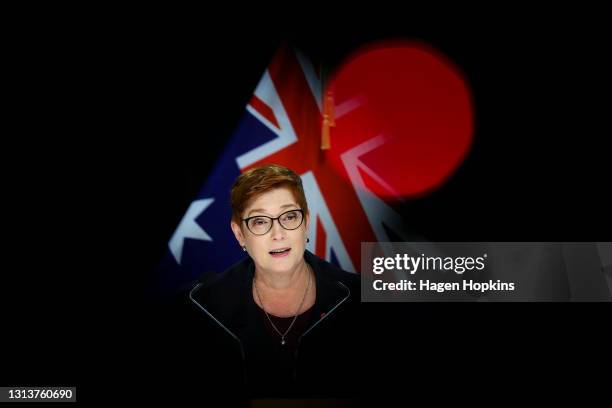 Australian Foreign Minister Marise Payne talks to media during a press conference at Parliament on April 22, 2021 in Wellington, New Zealand....