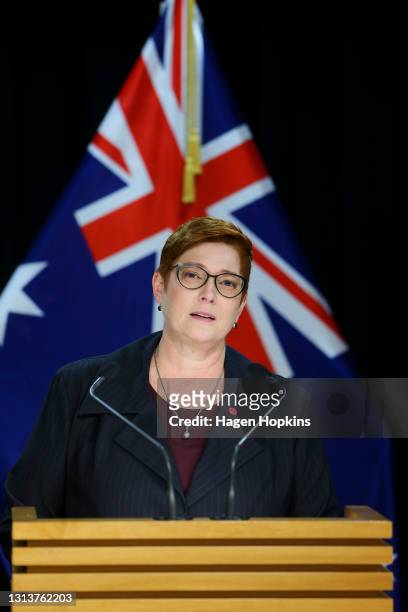 Australian Foreign Minister Marise Payne talks to media during a press conference at Parliament on April 22, 2021 in Wellington, New Zealand....