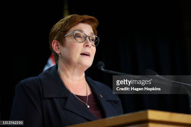 Australian Foreign Minister Marise Payne talks to media during a press conference at Parliament on April 22, 2021 in Wellington, New Zealand....