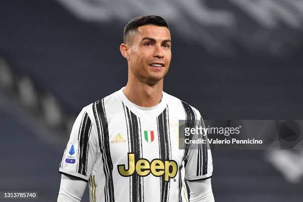 Cristiano Ronaldo of Juventus looks on during the Serie A match between Juventus and Parma Calcio at Allianz Stadium on April 21, 2021 in Turin,...