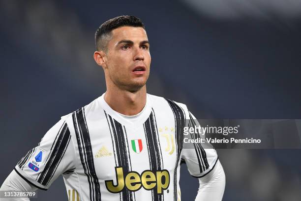 Cristiano Ronaldo of Juventus looks on during the Serie A match between Juventus and Parma Calcio at Allianz Stadium on April 21, 2021 in Turin,...
