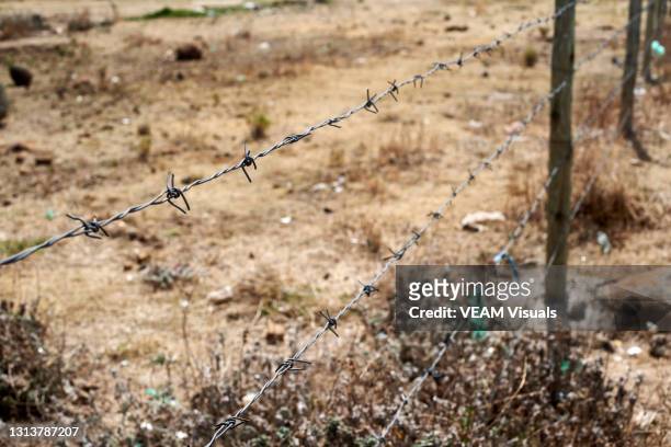 close-up of a wire fence constructed in the middle of the field. - guards division stock pictures, royalty-free photos & images
