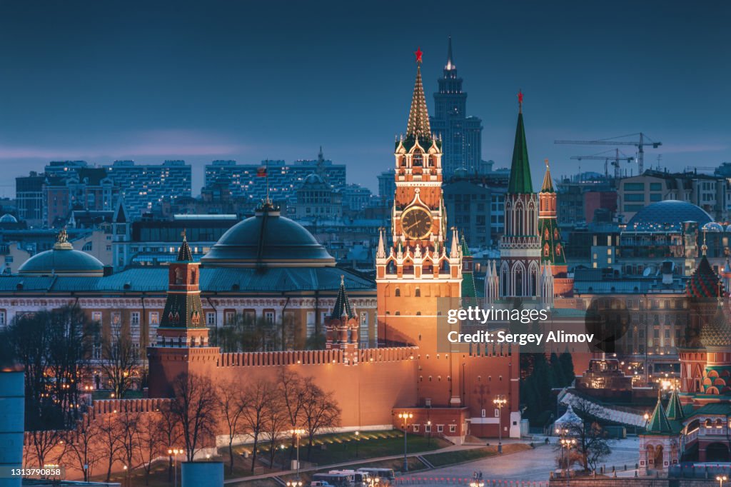 Landmarks of the Moscow Kremlin: Spasskaya tower, Nikolskaya tower and Red Square