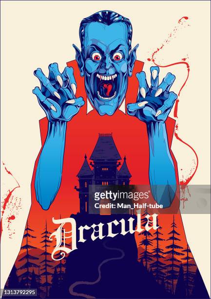 illustrazioni stock, clip art, cartoni animati e icone di tendenza di poster di vampire dracula e illustrazione della casa infestata - transilvania