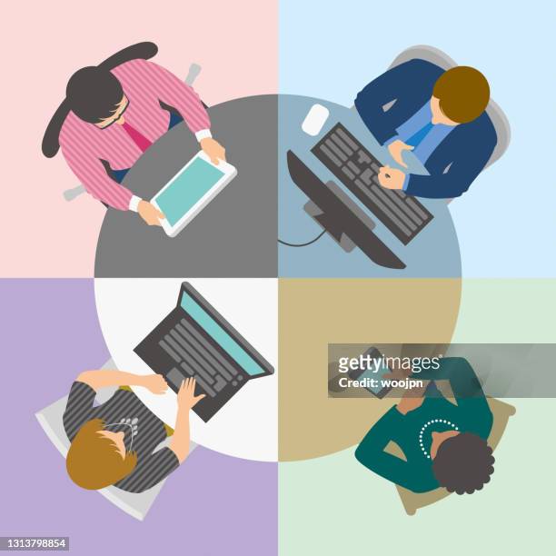group of business people having online meeting or video conference at virtual round table viewed from above - teamwork stock illustrations