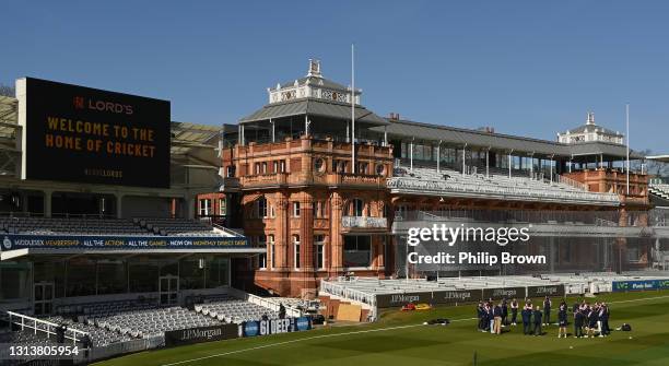 The Middlesex squad in a huddle in front of the pavilion before day one of the LV= Insurance County Championship match between Middlesex and Surrey...