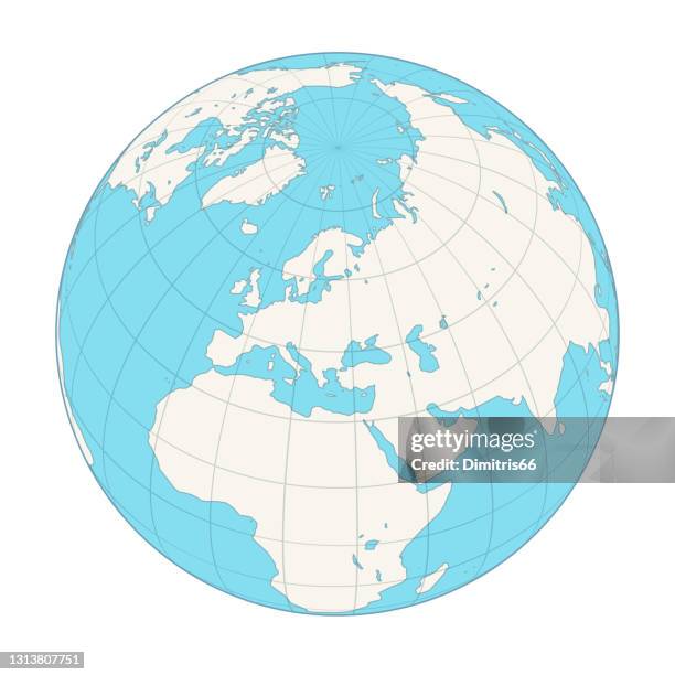 illustrations, cliparts, dessins animés et icônes de globe terrestre se concentrant sur l’hémisphère nord et méridien principal. afrique, asie, europe, pôle nord, groenland. - pole nord