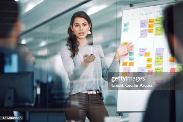 shot of a businesswoman delivering a presentation to her coworkers in the boardroom of a modern office - presenting stock pictures, royalty-free photos & images