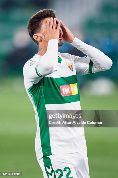 Emiliano Rigoni of Elche CF reacts during the La Liga Santander match between Elche CF and Real Valladolid CF at Estadio Martinez Valero on April 21,...