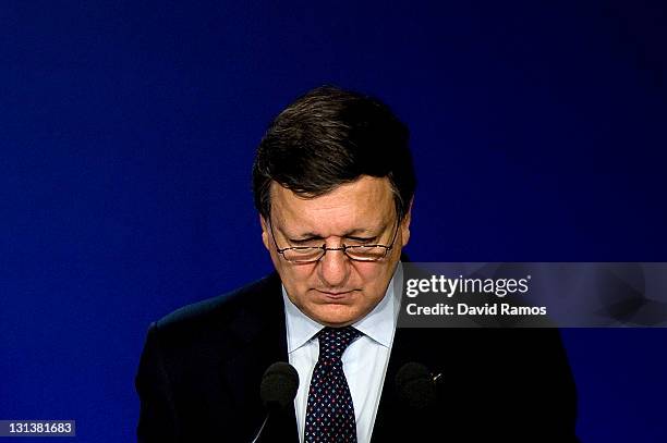 President of the European Comission Jose Manuel Durao Barroso attends a press conference during the second day of the G20 Summit on November 4, 2011...