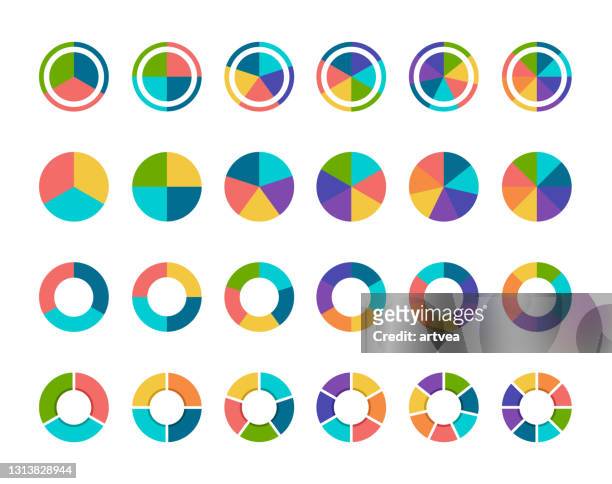 bunte tortendiagramm-sammlung mit 3,4,5,6 und 7,8 abschnitten oder schritten - circle stock-grafiken, -clipart, -cartoons und -symbole