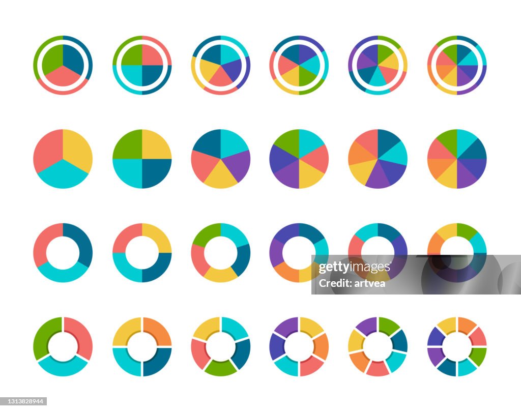 Coleção de gráficos de tortas coloridas com 3,4,5,6 e 7,8 seções ou etapas