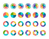 Colorful pie chart collection with 3,4,5,6 and 7,8 sections or steps