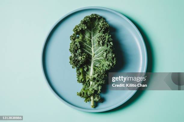 overhead view of kale on a plate against green background - green leafy vegetables fotografías e imágenes de stock