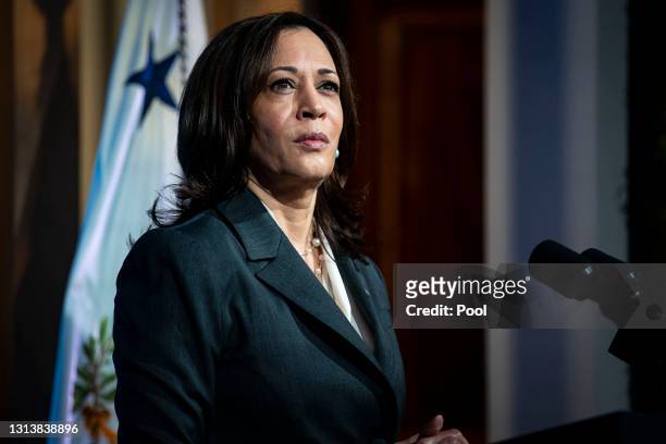 Vice President Kamala Harris speaks during a virtual Leaders Summit on Climate with 40 world leaders in the East Room of the White House April 22,...