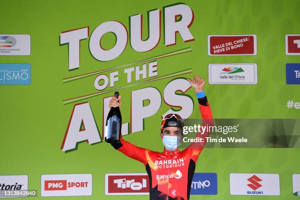 Podium / Pello Bilbao López of Spain and Team Bahrain Victorious in 1st place celebrates during the 44th Tour of the Alps 2021, Stage 4 a 168,6 to...
