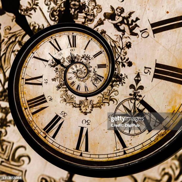 antique-looking eternal clock face, droste effect image manipulation - uhrwerk stock-fotos und bilder