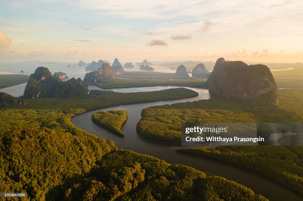 Aerial view of Phang nga bay in sunset. You can see mountain and rainforest, Thailand