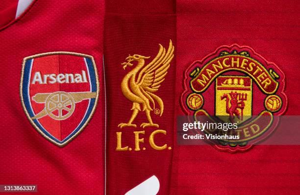 The club badges on the home shirts of the English teams with American owners involved in the setting up of the European Super League, Arsenal,...