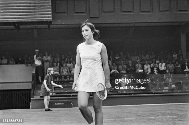 Czechoslovakian lawn tennis player Martina Navratilova in action against Christine Janes of Gibraltar during the first round of the Ladies' Singles...
