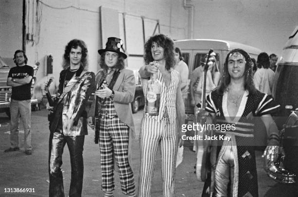 British rock band Slade backstage at a concert at Earl's Court in London, England, 1st July 1973.