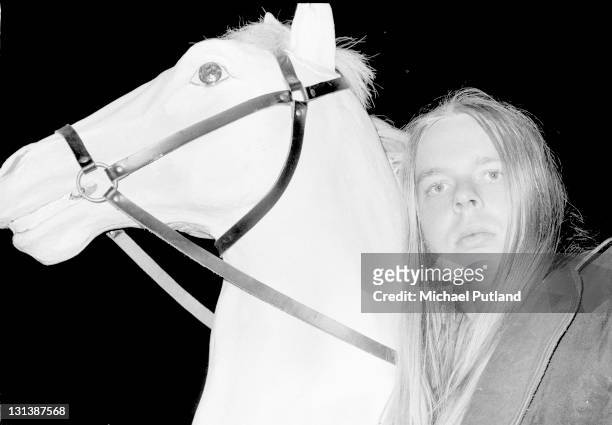 Rick Wakeman, portrait with model horse from his King Arthur on Ice stage show, Wembley Empire Pool, London, May 1975.