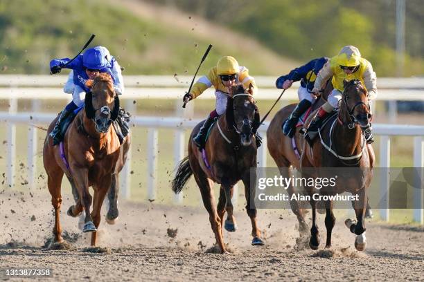 Jim Crowley riding Raaeb win The chelmsfordcityracecourse.com Handicap at Chelmsford City Racecourse on April 22, 2021 in Chelmsford, England....