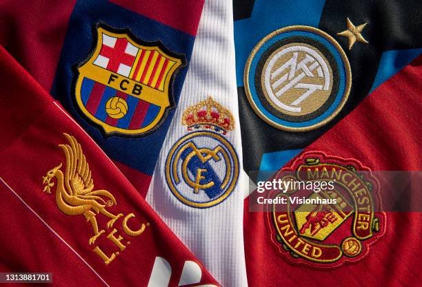 The club badges of some of the teams involved in the European Super League Liverpool; Barcelona, Real Madrid, Liverpool, Inter Milan and Manchester...