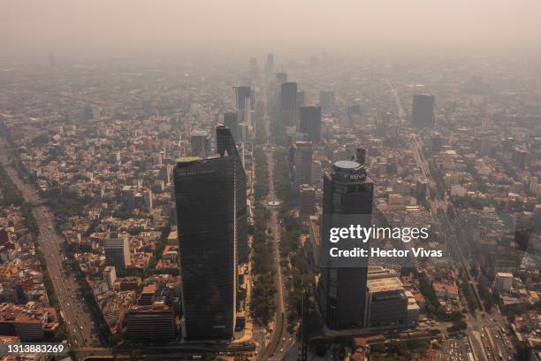 Aerial view of low visibility due to air pollution in Mexico City on April 22, 2021 in Mexico City, Mexico. After registering high levels of ozone...