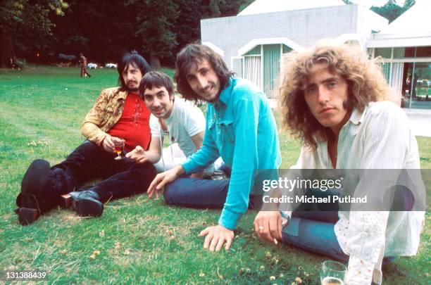 The Who pose for a press call, July 1971, Surrey, United Kingdom, John Entwistle, Keith Moon, Pete Townshend, Roger Daltrey.