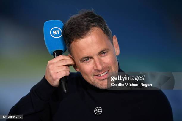 Pundit and Former Chelsea Footballer Joe Cole looks on ahead of the Premier League match between Leicester City and West Bromwich Albion at The King...