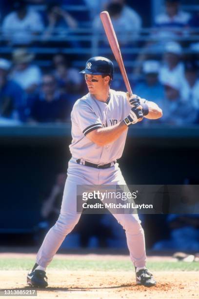Tino Martinez of the New York Yankees prepares for a pitch during a spring training game agains the Pittsburgh Pirates on March 2, 1996 at McKenchie...