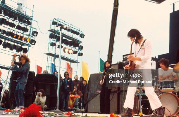 The Who perform on stage at the Fete de l'Humanite music festival, Paris, 9th September 1972, L-R Roger Daltrey, John Entwistle, Pete Townshend,...