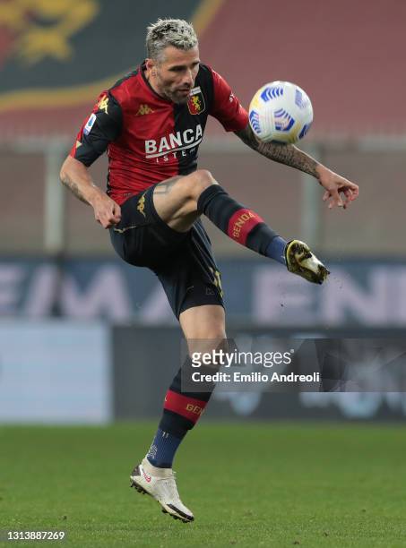 Valon Behrami of Genoa CFC controls the ball during the Serie A match between Genoa CFC and Benevento Calcio at Stadio Luigi Ferraris on April 21,...